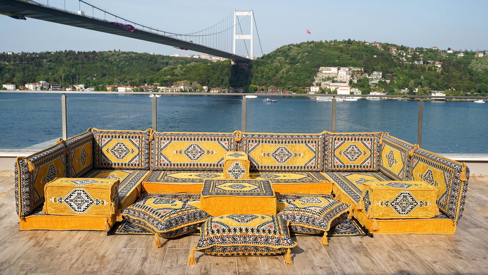 Cozy Arabic Floor Sofa Set, Yellow Floor Cushions, Balcony Patio Sofas, Pallet Sofa, Ethnic Sofa, Moroccan Sofas
