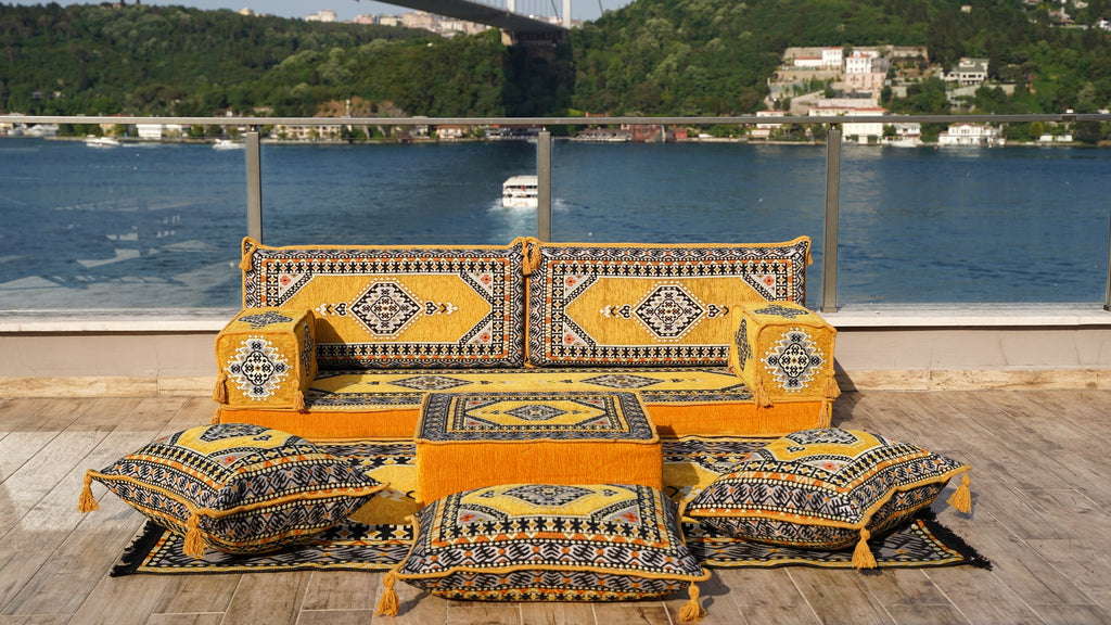 Yellow Floor Couch Set, Sectional Sofas, Arabic Floor Sofa Set, Yoga Sofa with Ottoman Couch and Rug, Futon Sofa Bed