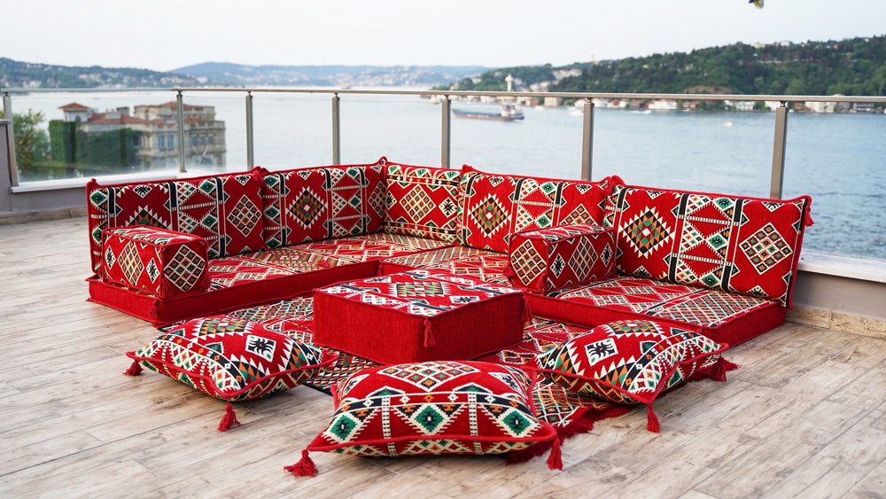 4" Thickness Red L Shaped Floor Couch, Arabic Sofa Seating, Floor Pillow, Corner Floor Sofa, Sectional Sofa