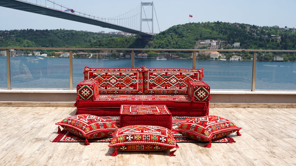 8'' Thickness Sofa Set, Traditional Red Arabic Floor Sofa, Oriental Cushion, 8" Thickness Moroccan Floor Seating Set