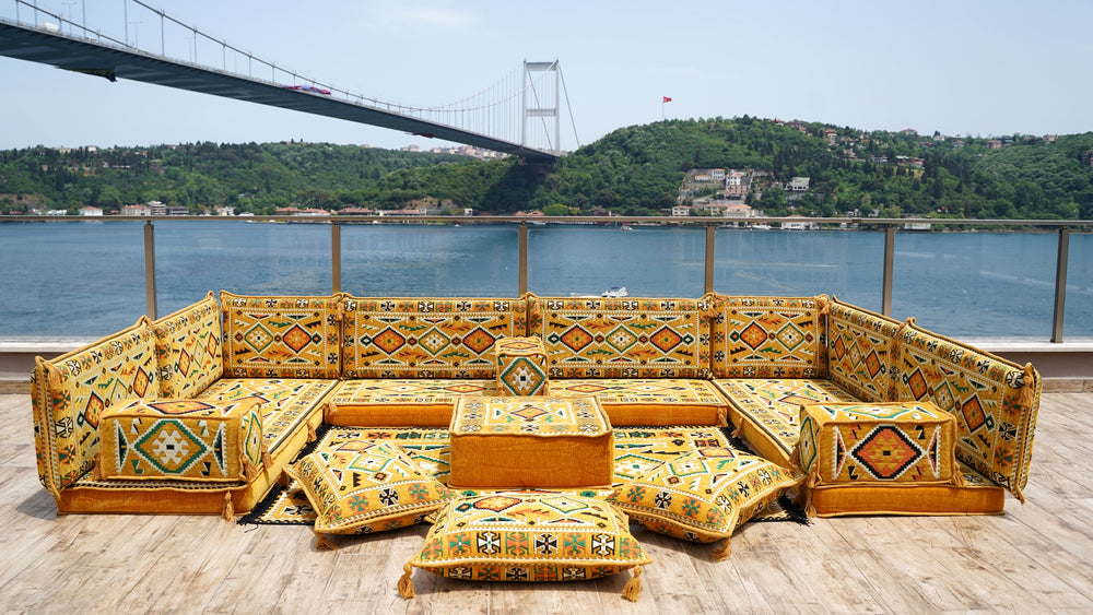 Cozy Arabic Floor Sofa Set, Yellow Floor Cushions, Balcony Patio Sofas, Pallet Sofa, Ethnic Sofa, Moroccan Sofas, Sectional Sofas