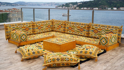 Yellow 4" Thickness L Shaped Floor Couch, Moroccan Livingroom Cushions, Corner Floor Cushions, Sectional Sofa Set
