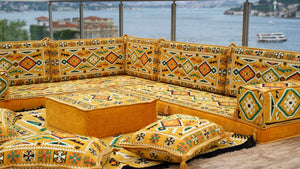 Yellow 4" Thickness L Shaped Floor Couch, Moroccan Livingroom Cushions, Corner Floor Cushions, Sectional Sofa Set