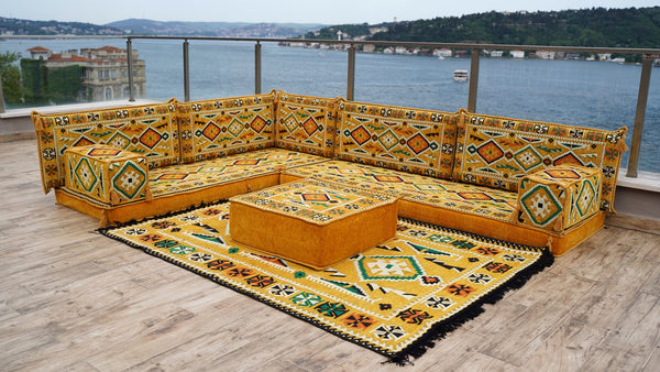 Yellow 4" Thickness L Shaped Floor Couch, Moroccan Livingroom Cushions, Corner Floor Cushions, Sectional Sofa Set
