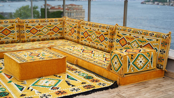 Yellow 4" Thickness L Shaped Floor Couch, Moroccan Livingroom Cushions, Corner Floor Cushions, Sectional Sofa Set