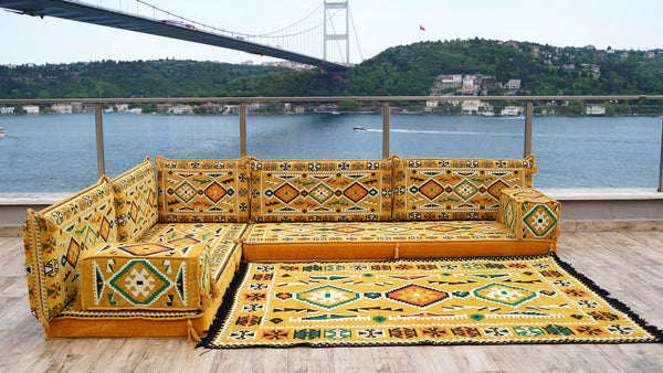 Yellow 4" Thickness L Shaped Floor Couch, Moroccan Livingroom Cushions, Corner Floor Cushions, Sectional Sofa Set
