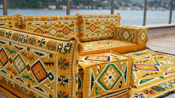Yellow 4" Thickness L Shaped Floor Couch, Moroccan Livingroom Cushions, Corner Floor Cushions, Sectional Sofa Set