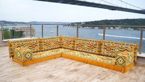 Yellow 4" Thickness L Shaped Floor Couch, Moroccan Livingroom Cushions, Corner Floor Cushions, Sectional Sofa Set