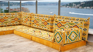 Yellow 4" Thickness L Shaped Floor Couch, Moroccan Livingroom Cushions, Corner Floor Cushions, Sectional Sofa Set