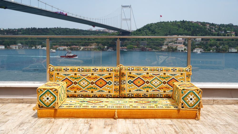Yellow Colorful Arabic Sofa Set, Oriental Sofa, Corner Floor Sofa Seating Set, Floor Cushions, Single Sofa Sets, Living Room Sofa Couches