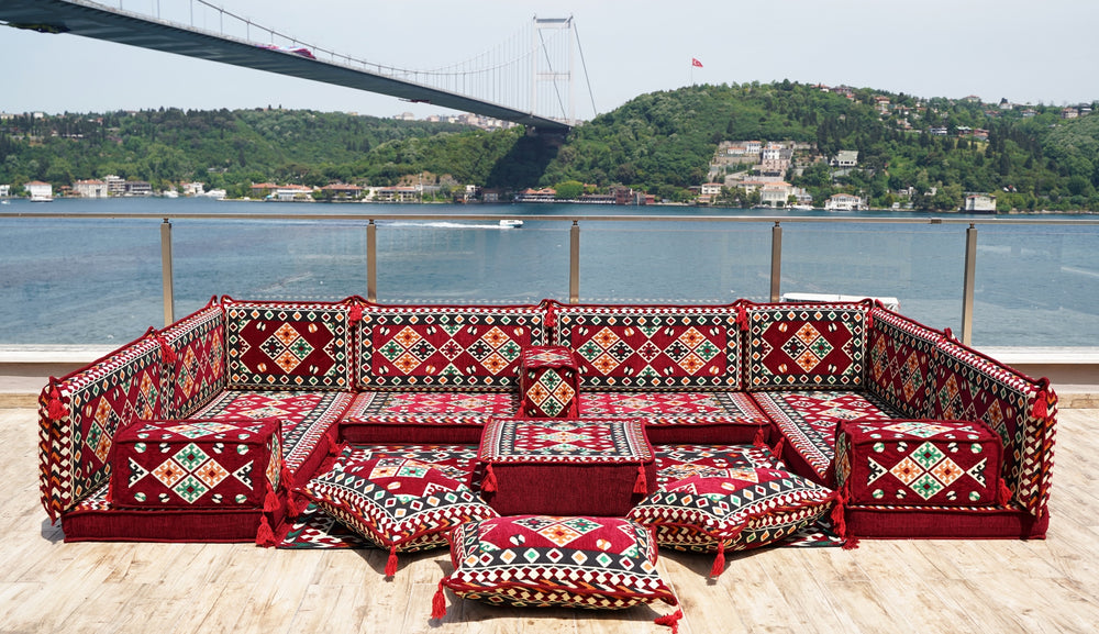 Maroon U Shaped Bench Cushions, Arabic Majlis Seating, Arabic Floor Seating Sofa, Floor Couch, Indoor Floor Sofa