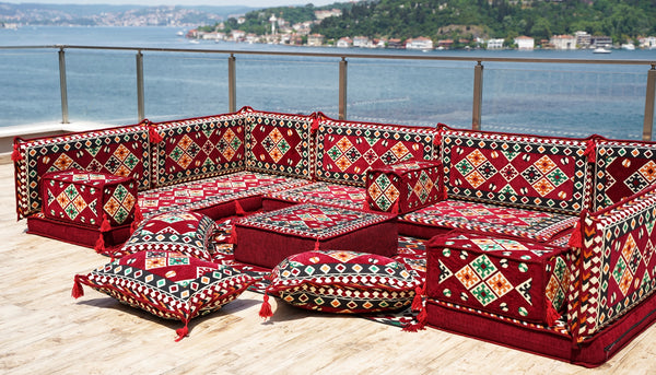 Maroon U Shaped Bench Cushions, Arabic Majlis Seating, Arabic Floor Seating Sofa, Floor Couch, Indoor Floor Sofa