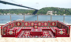 Maroon U Shaped Bench Cushions, Arabic Majlis Seating, Arabic Floor Seating Sofa, Floor Couch, Indoor Floor Sofa