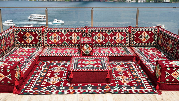Maroon U Shaped Bench Cushions, Arabic Majlis Seating, Arabic Floor Seating Sofa, Floor Couch, Indoor Floor Sofa