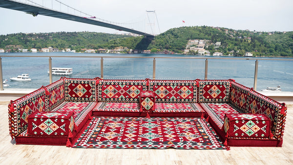 Maroon U Shaped Bench Cushions, Arabic Majlis Seating, Arabic Floor Seating Sofa, Floor Couch, Indoor Floor Sofa