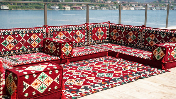 Maroon U Shaped Bench Cushions, Arabic Majlis Seating, Arabic Floor Seating Sofa, Floor Couch, Indoor Floor Sofa