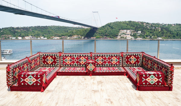 Maroon U Shaped Bench Cushions, Arabic Majlis Seating, Arabic Floor Seating Sofa, Floor Couch, Indoor Floor Sofa