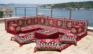 Maroon Arabic Floor Couch, Modular Design Floor Cushion, 4" Thickness Corner Floor Seating Set