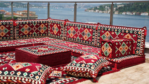Maroon Arabic Floor Couch, Modular Design Floor Cushion, 4" Thickness Corner Floor Seating Set