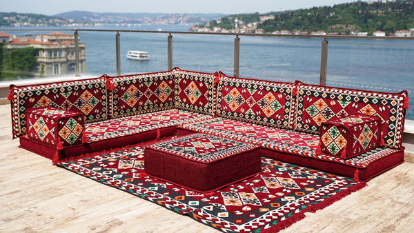 Maroon Arabic Floor Couch, Modular Design Floor Cushion, 4" Thickness Corner Floor Seating Set
