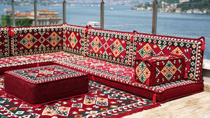 Maroon Arabic Floor Couch, Modular Design Floor Cushion, 4" Thickness Corner Floor Seating Set