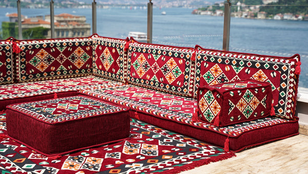 Maroon Arabic Floor Couch, Modular Design Floor Cushion, 4" Thickness Corner Floor Seating Set