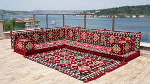 Maroon Arabic Floor Couch, Modular Design Floor Cushion, 4" Thickness Corner Floor Seating Set