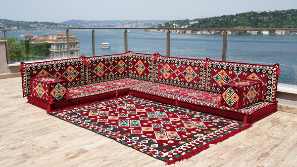Maroon Arabic Floor Couch, Modular Design Floor Cushion, 4" Thickness Corner Floor Seating Set