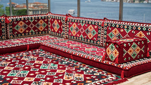 Maroon Arabic Floor Couch, Modular Design Floor Cushion, 4" Thickness Corner Floor Seating Set