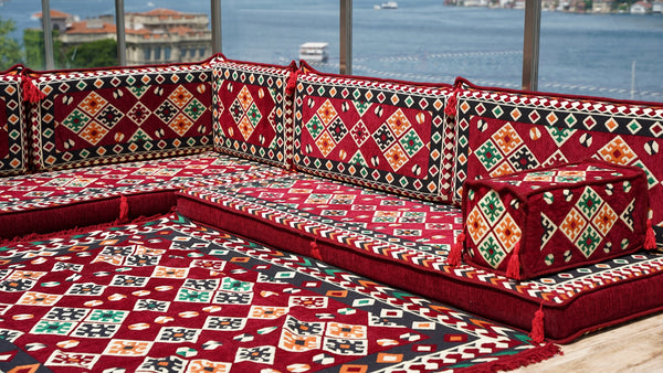 Maroon Arabic Floor Couch, Modular Design Floor Cushion, 4" Thickness Corner Floor Seating Set