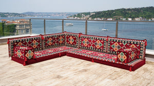 Maroon Arabic Floor Couch, Modular Design Floor Cushion, 4" Thickness Corner Floor Seating Set