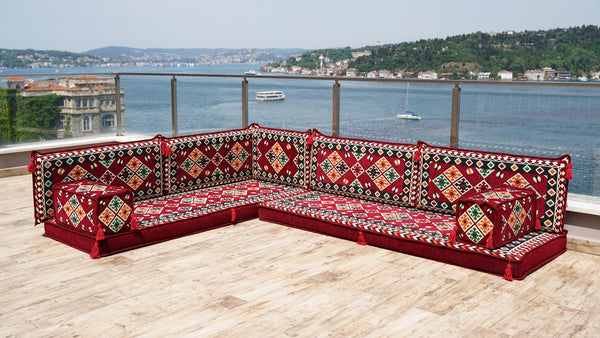 Maroon Arabic Floor Couch, Modular Design Floor Cushion, 4" Thickness Corner Floor Seating Set