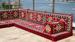 Maroon Arabic Floor Couch, Modular Design Floor Cushion, 4" Thickness Corner Floor Seating Set