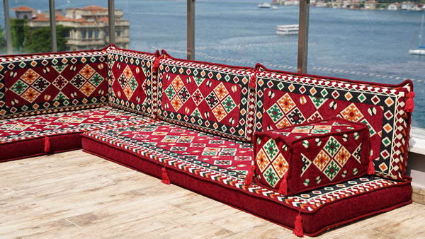 Maroon Arabic Floor Couch, Modular Design Floor Cushion, 4" Thickness Corner Floor Seating Set