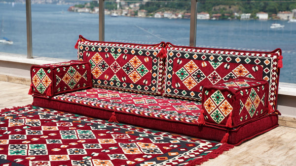 Bohemian Floor Cushion, Sectional Sofa with Ottoman Couch and Rug, Turkish Floor Seating Set, Sofa Slipcovers, Cushion Couch