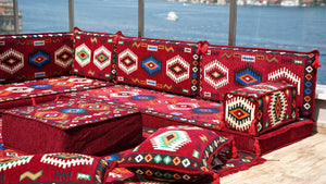 Maroon Moroccan Livingroom Cushions, 4" Thick Corner Floor Seating Set, L Shaped Floor Couch, Sectional Sofa Set
