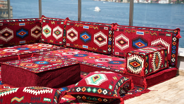 Maroon Moroccan Livingroom Cushions, 4" Thick Corner Floor Seating Set, L Shaped Floor Couch, Sectional Sofa Set