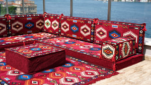 Maroon Moroccan Livingroom Cushions, 4" Thick Corner Floor Seating Set, L Shaped Floor Couch, Sectional Sofa Set