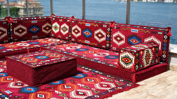 Maroon Moroccan Livingroom Cushions, 4" Thick Corner Floor Seating Set, L Shaped Floor Couch, Sectional Sofa Set