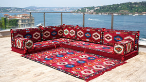 Maroon Moroccan Livingroom Cushions, 4" Thick Corner Floor Seating Set, L Shaped Floor Couch, Sectional Sofa Set