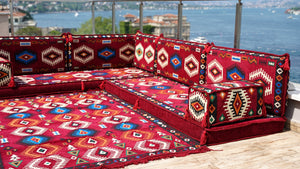 Maroon Moroccan Livingroom Cushions, 4" Thick Corner Floor Seating Set, L Shaped Floor Couch, Sectional Sofa Set