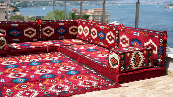 Maroon Moroccan Livingroom Cushions, 4" Thick Corner Floor Seating Set, L Shaped Floor Couch, Sectional Sofa Set