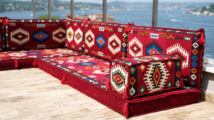 Maroon Moroccan Livingroom Cushions, 4" Thick Corner Floor Seating Set, L Shaped Floor Couch, Sectional Sofa Set