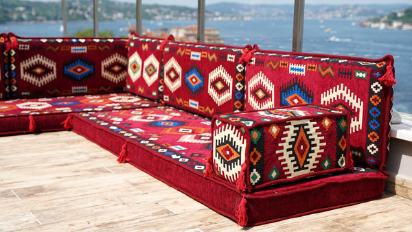 Maroon Moroccan Livingroom Cushions, 4" Thick Corner Floor Seating Set, L Shaped Floor Couch, Sectional Sofa Set