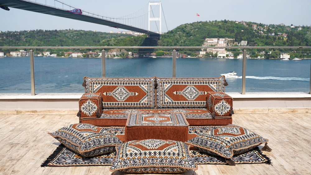 Brown Corner Sofa Seating Set, Oriental Floor Seating, Living Room Sofa with Ottoman Couch and Rug, Sofa Slipcovers, Patio Sofa, Loveseat Sofa