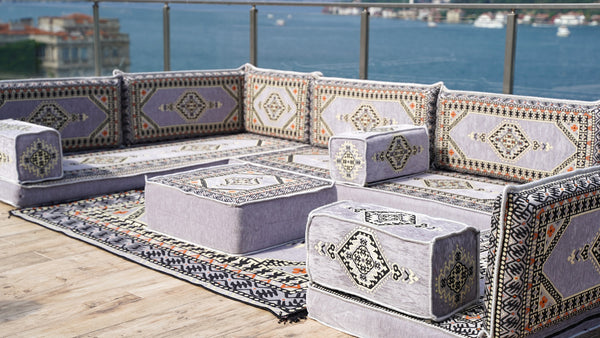 Gray Corner Sofa Seating Set, U Shaped Arabic Sofa Set, Oriental Floor Seating, Living Room Sofa, Sofa Slipcovers