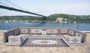 Gray Corner Sofa Seating Set, U Shaped Arabic Sofa Set, Oriental Floor Seating, Living Room Sofa, Sofa Slipcovers