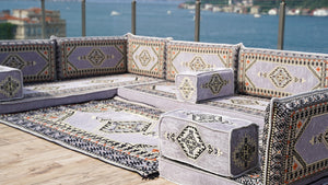 Gray Corner Sofa Seating Set, U Shaped Arabic Sofa Set, Oriental Floor Seating, Living Room Sofa, Sofa Slipcovers