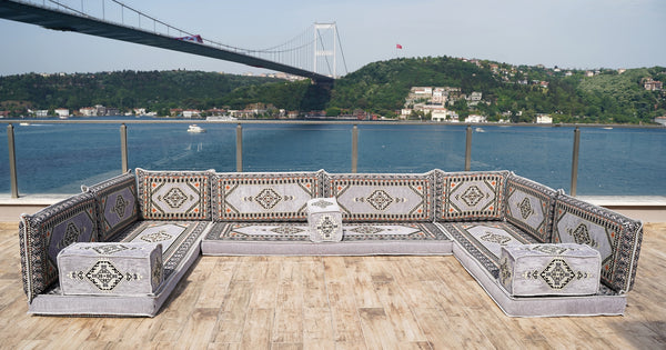 Gray Corner Sofa Seating Set, U Shaped Arabic Sofa Set, Oriental Floor Seating, Living Room Sofa, Sofa Slipcovers