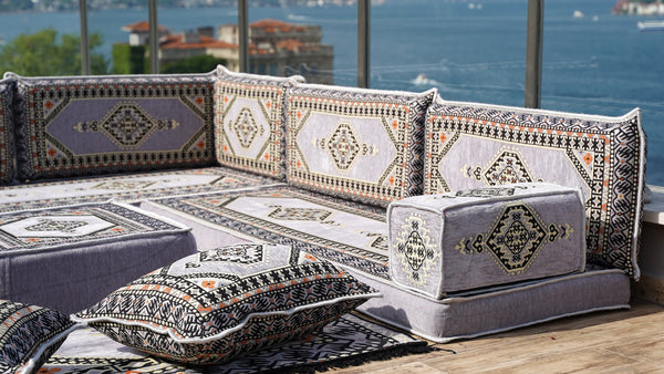 Gray L Shaped Pallet Cushions, Arabic Floor Sofa Set, Oriental Floor Seating, Sectional Floor Cushion, Indoor Floor Pillows